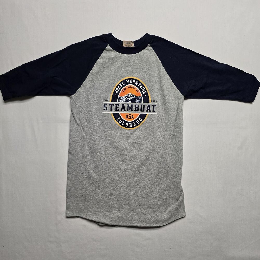 Vintatge Steamboat Colorado Shirt Youth Large 14/16 Gray Navy Baseball Raglan